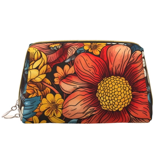 Picia Colorful Vintage Floral Pattern Print Leather Makeup Bag Make Up Bag Travel Toiletry Bag for Her Girlfriend Teacher Teen Girl Gifts