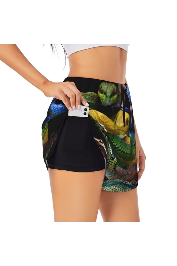 Colorful Viper Snake Pattern Women's 2 in 1 Athletic Running Shorts High Waisted Workout Casual Gym Sweat Shorts with Comfy Liner Zipper Pockets-Large