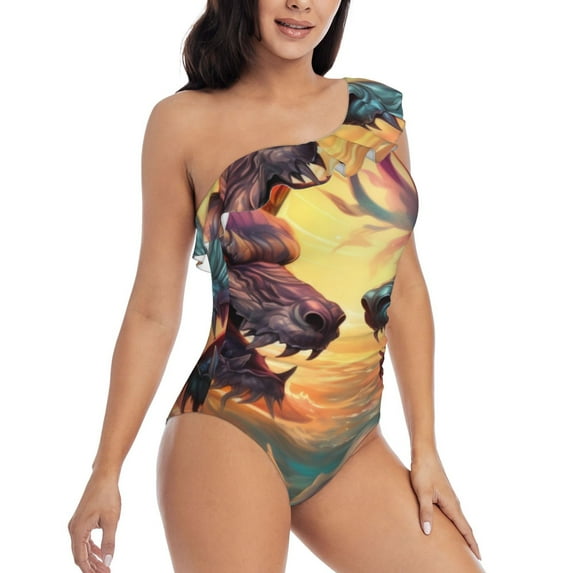 Picia Colorful Wave Dragon Head Pattern Women's One Piece Swimsuits,One Shoulder Swimwear Asymmetric ,Ruffle Monokinis Bathing Suits,High Waisted Flattering Bathing Suits-Small