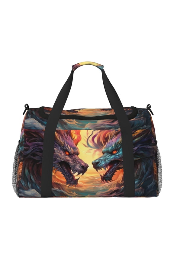 Colorful Wave Dragon Head Print Travel Duffle Bag,Weekender Bags for Women with Shoe Compartment, Gym Duffel Bag with Wet Pocket, Hospital Bags for Labor and Delivery
