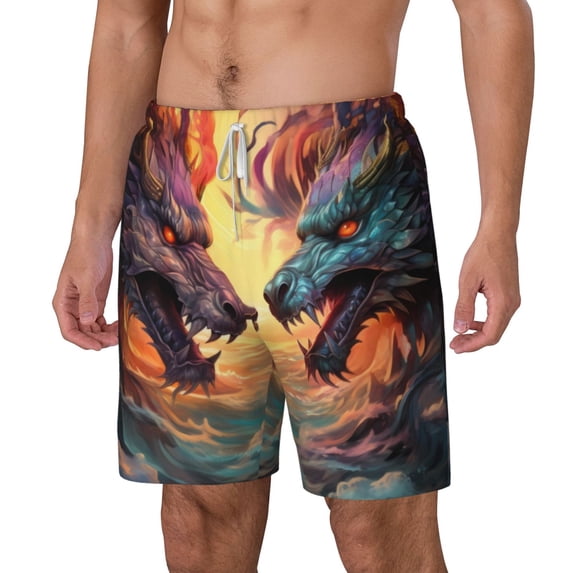 Picia Colorful Wave Dragon Head pattern Mens Swim Trunks with Compression Liner Stretch Beach Shorts Quick Dry with Zipper Pockets No-Chafing Board Shorts-Small