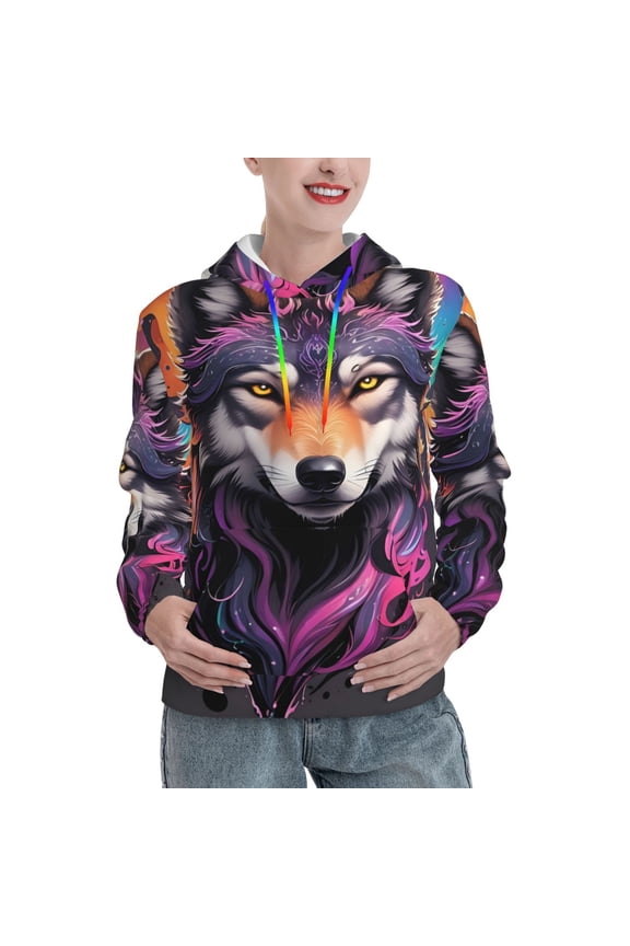 Colorful Wolf Head A Pattern Casual Women's Hoodie, Hooded Sweatshirt with Kangaroo Pocket, Comfortable Pullover with Eye-catching Drawstrings-Large