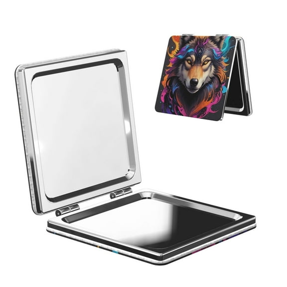 Picia Colorful Wolf Head for Compact Vanity Mirror , Travel Makeup Mirror , Portable Magnifying Cosmetic Mirror for Daily, Work, Business-Square
