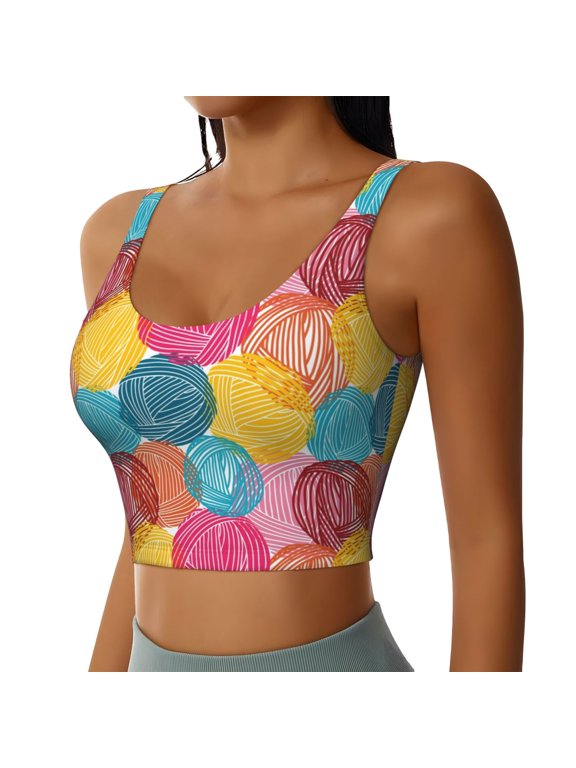 Colorful Wool Balls Sports Bra for Women,Padded Strappy Sports Bras Medium Support Yoga Bra with Removable Cups,Running Yoga Bra-Large