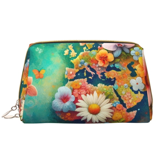 Picia Colorful World Map Print Leather Makeup Bag Make Up Bag Travel Toiletry Bag for Her Girlfriend Teacher Teen Girl Gifts