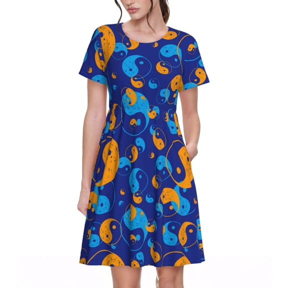 Picia Colorful Yin Yang Pattern Women's Short Sleeve Summer Dress Pleated Loose Swing Knee Length Short Sleeve Swing Dresses
