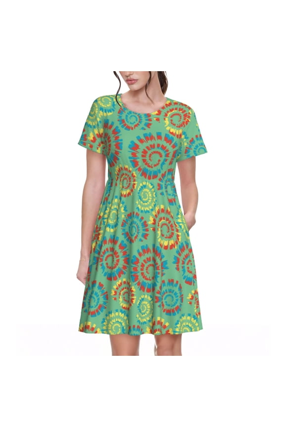 Colourful Tie Dye Pattern Women's Short Sleeve Summer Dress Pleated Loose Swing Knee Length Short Sleeve Swing Dresses