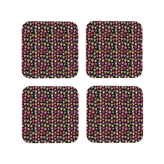 Picia Colourfull Owl Printed Leather Coasters for Drinks, 4" Drink Coasters Set of 4 for Tabletop Protection, Handmade Luxurious Home Décor and Housewarming Gift -Square