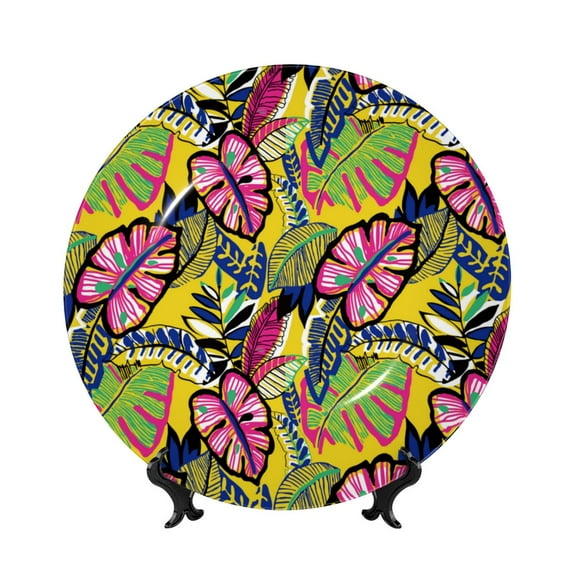 Picia Colrful Tropical Leaves Pattern Bone China Decorative Plate – Wall Decor with Stand and Adhesive, Elegant Ornament for Living Room, Office, or Entryway-8in