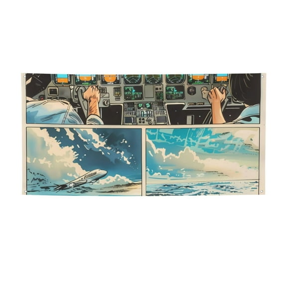 Picia Comic Airplane Cockpit Illustration Pattern Party Banner, Festive Decoration, Holiday Banner, Celebration Decor, Event Banner, Reusable Party Banner-Medium