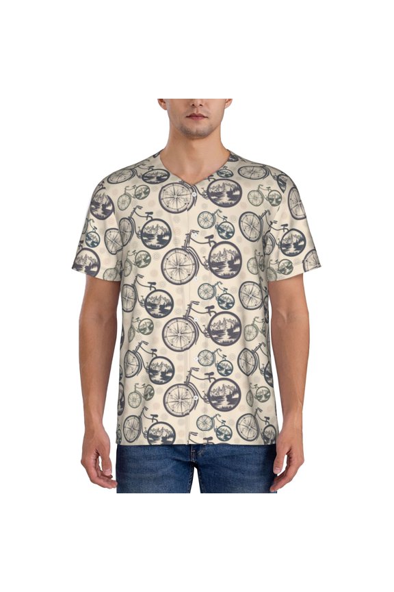 Compass And Mountains In Bicycle Wheels Pattern Mens Polo Shirts Quick Dry Short Sleeve Golf T Shirt Performance Moisture Wicking Casual Workout Baseball T-shirt-