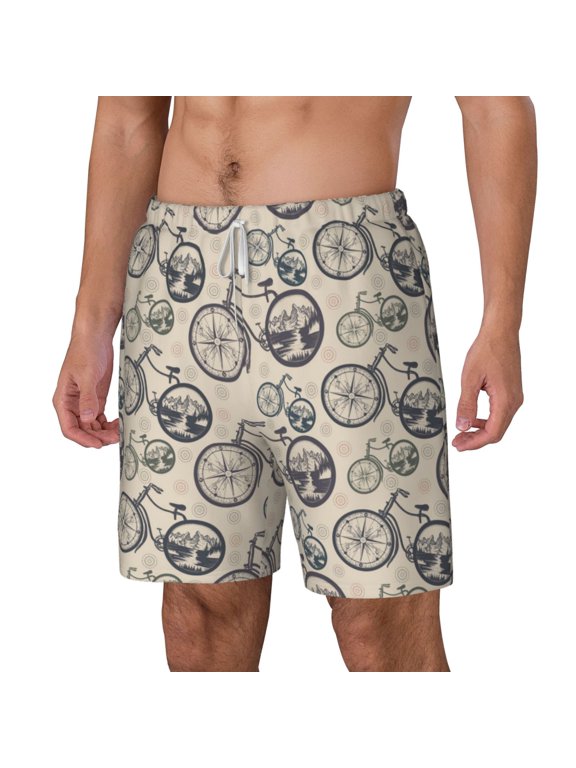 Compass And Mountains In Bicycle Wheels pattern Mens Swim Trunks with Compression Liner Stretch Beach Shorts Quick Dry with Zipper Pockets No-Chafing Board Shorts-Large