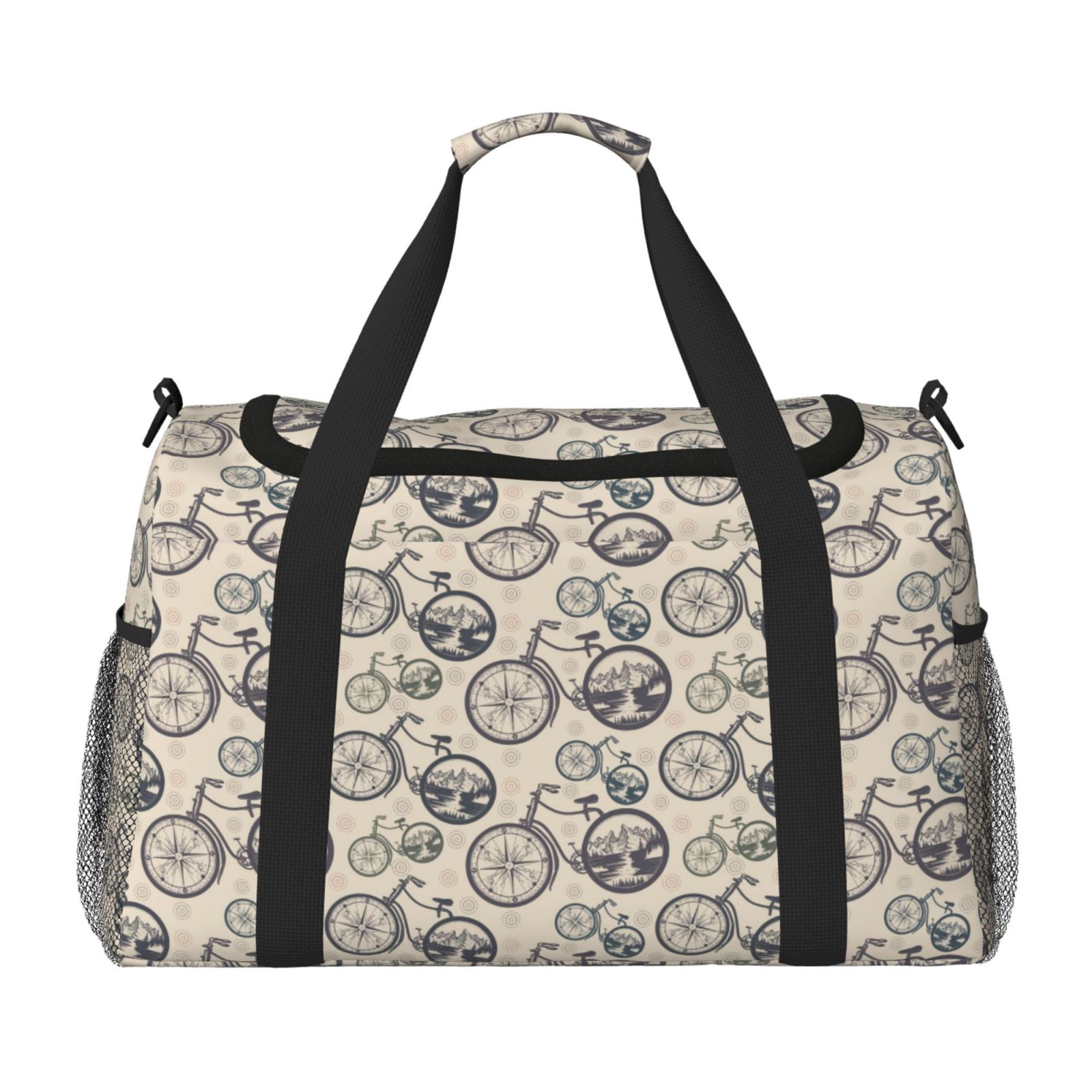 Picia Compass And Mountains In Bicycle Wheels Print Travel Duffle Bag,Weekender Bags for Women with Shoe Compartment, Gym Duffel Bag with Wet Pocket, Hospital Bags for Labor and Delivery