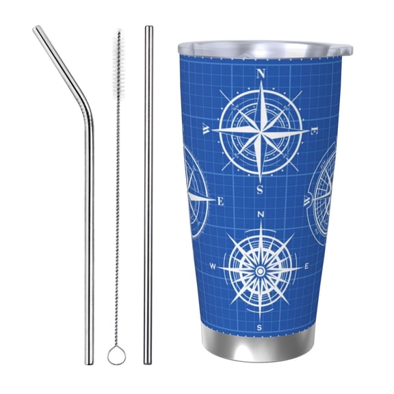 Picia Compass Pattern 20 oz Tumbler Stainless Steel Vacuum Insulated Coffee Ice Cup Double Wall Travel Flask Dual Lid Water Bottle, Eco-friendly Car Cup-Straw Three-piece Set