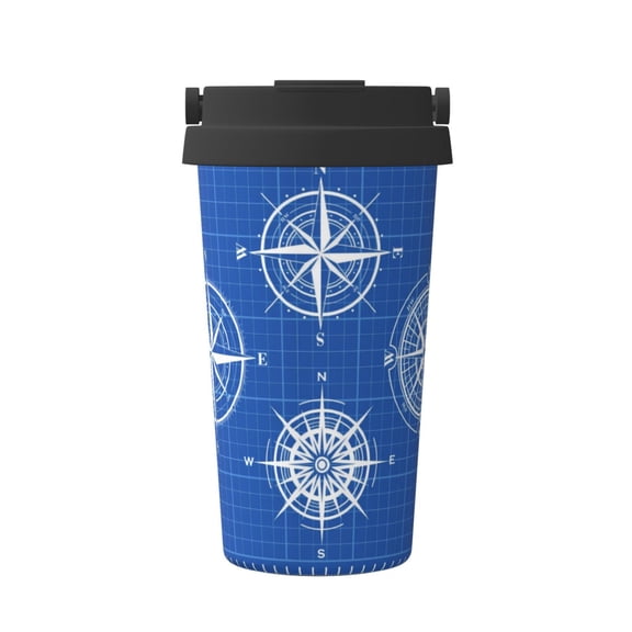 Picia Compass Pattern 500ml Carry Insulated Coffee Mug, Stainless Steel Travel Mug with Hidden Handle, Leak-Proof for Car, Office, Home, and Outdoor Use