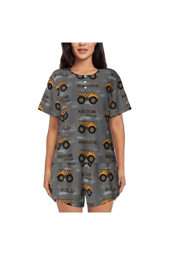 Construction Machines Pajamas Sets for Women Soft Short-Sleeved Pjs with Lounge Shorts Two Piece Sleepwear-Large