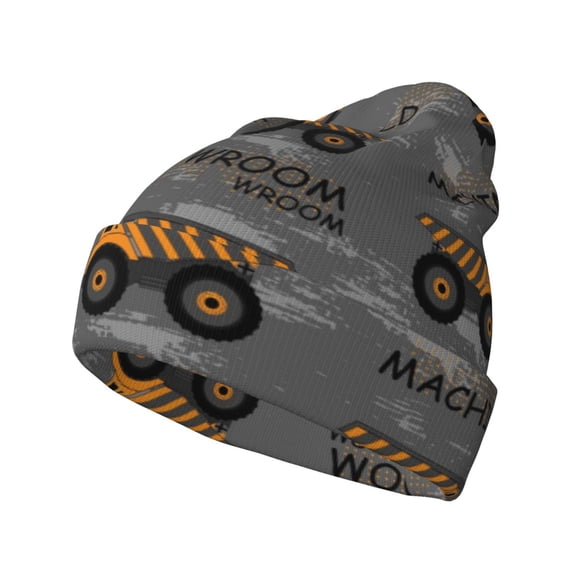 Picia Construction Machines Pattern Knitted Beanie Hat for Men and Women , Unisex Winter Warm Stretchy Knit Cap Thick Fisherman Beanies Cuffed Plain Skull Caps