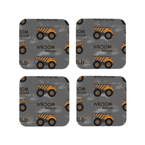 Picia Construction Machines Printed Leather Coasters for Drinks, 4" Drink Coasters Set of 4 for Tabletop Protection, Handmade Luxurious Home Décor and Housewarming Gift -Square