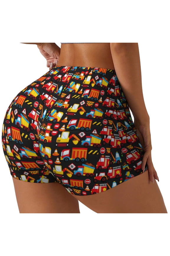 Construction Truck Printed Workout Shorts for Women Seamless Scrunch Butt Lifting High Waisted Yoga Gym Booty Running Moisture-wicking Short Pants-XX-Large