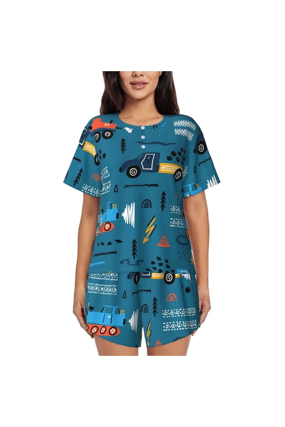 Construction Trucks Pajamas Sets for Women Soft Short-Sleeved Pjs with Lounge Shorts Two Piece Sleepwear-Small