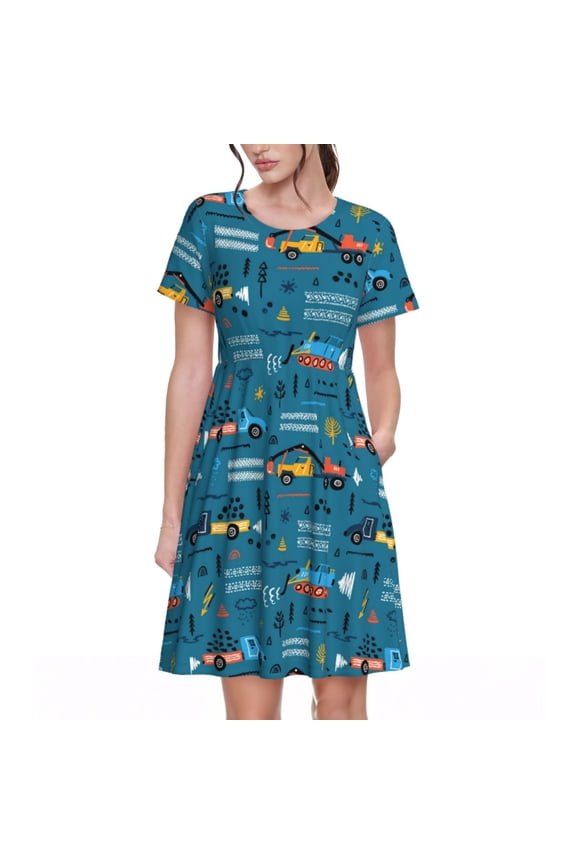 Construction Trucks Pattern Women's Short Sleeve Summer Dress Pleated Loose Swing Knee Length Short Sleeve Swing Dresses