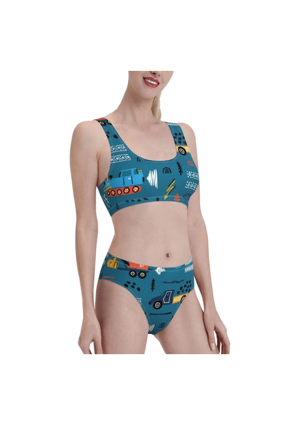 Construction Trucks Women's High Waisted Bikini Scoop Neck Swimsuit Two Pieces Bathing Suit-Medium