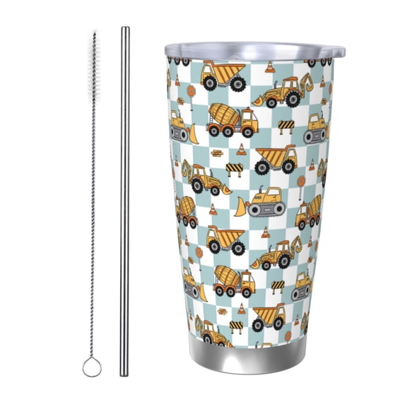 Picia Excavator Pattern 20 oz Tumbler Stainless Steel Vacuum Insulated Coffee Ice Cup Double Wall Travel Flask Dual Lid Water Bottle, Eco-friendly Car Cup