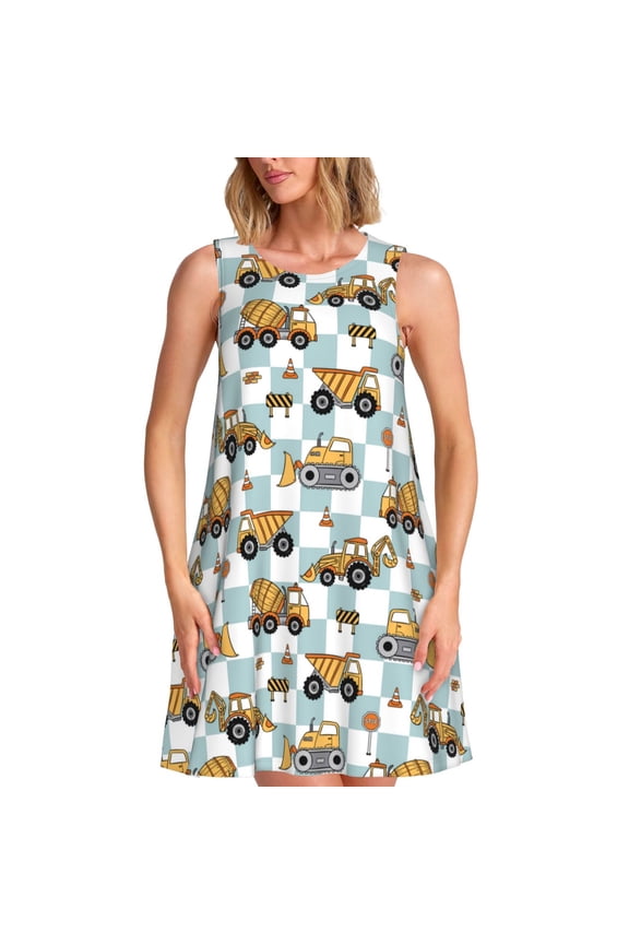 Construction Vehicle Print Women’s Sleeveless Midi Swing Dress – A-Line Pleated Tank Sundress, Comfortable and Flowy T-Shirt Dress