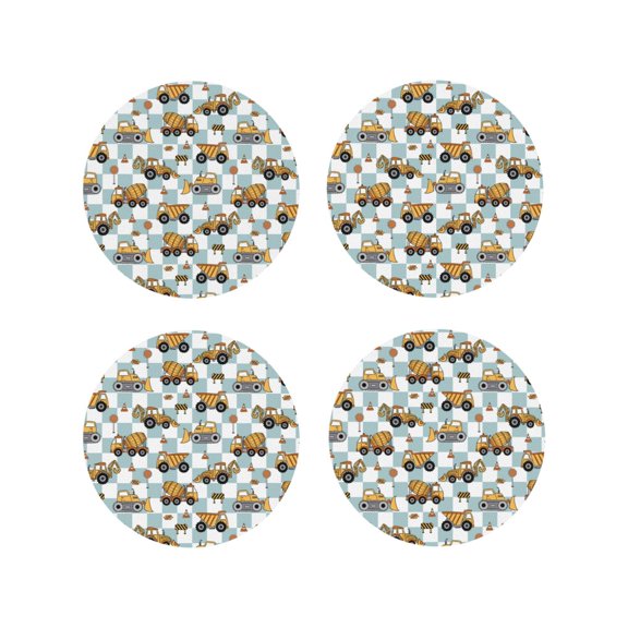 Picia Construction Vehicle Printed Leather Coasters for Drinks, 4" Drink Coasters Set of 4 for Tabletop Protection, Handmade Luxurious Home Décor and Housewarming Gift-Round Shape