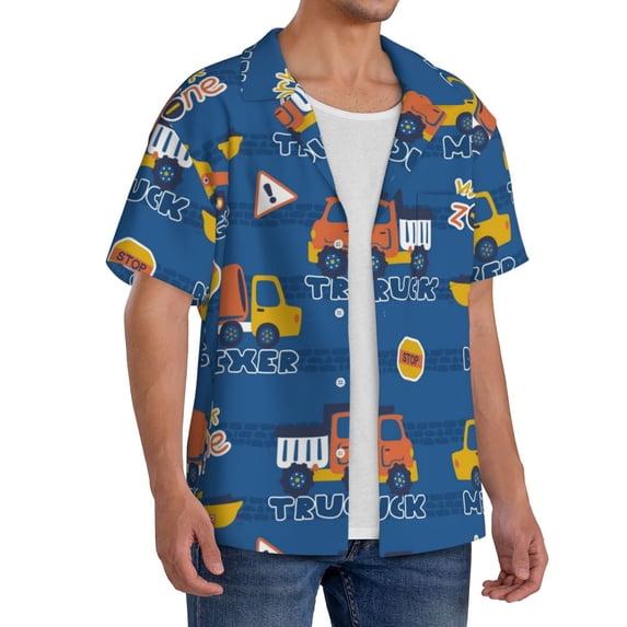 Picia Construction Vehicles Men's Linen Shirts Short Sleeve Cuban Beach Shirts Casual Shirts Button Down Shirt for Men Beach Summer Wedding Shirt-Small