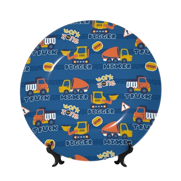 Picia Construction Vehicles Pattern Bone China Decorative Plate – Wall Decor with Stand and Adhesive, Elegant Ornament for Living Room, Office, or Entryway-7in