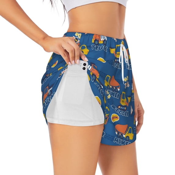 Picia Construction Vehicles Pattern Women's 2 in 1 Athletic Running Shorts High Waisted Workout Casual Gym Sweat Shorts with Comfy Liner Zipper Pockets-X-Large