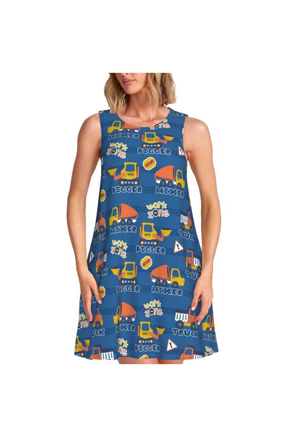 Construction Vehicles Print Women’s Sleeveless Midi Swing Dress – A-Line Pleated Tank Sundress, Comfortable and Flowy T-Shirt Dress