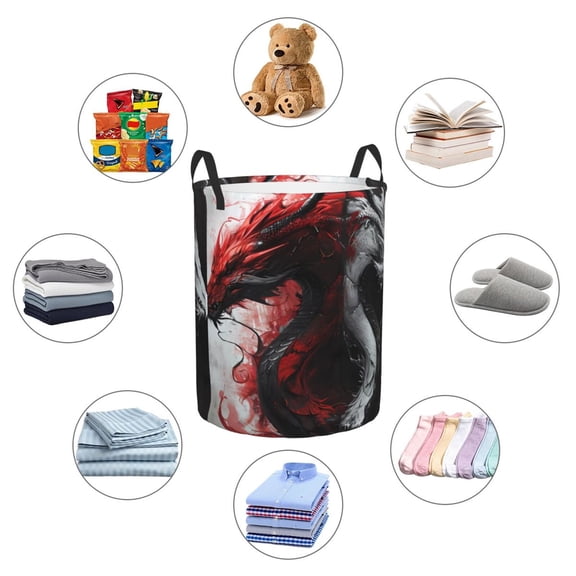 Picia Cool Black And White Dragon Large Laundry Basket, Waterproof, Freestanding Laundry Hamper, Collapsible Tall Clothes Hamper with Extended Handles-Medium
