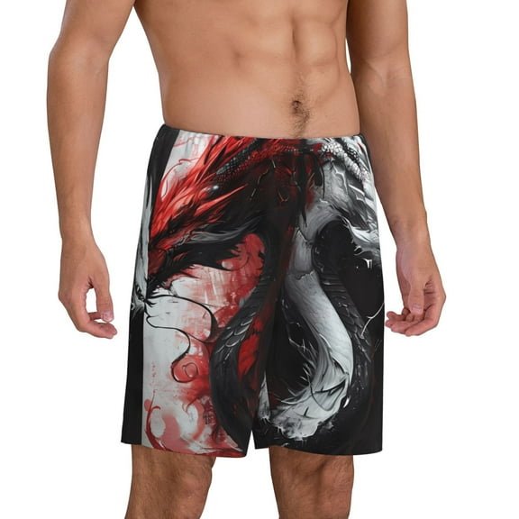 Picia Cool Black And White Dragon Pajama Shorts for Men, Men's Pajama Bottoms, Sleepwear,Short Pajama Pants-Medium