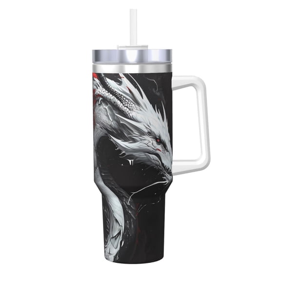 Picia Cool Black And White Dragon Pattern 40oz Ice Bully Insulated Tumbler with Handle, Double-Wall Stainless Steel Cup, Leak-Proof Lid and Straw