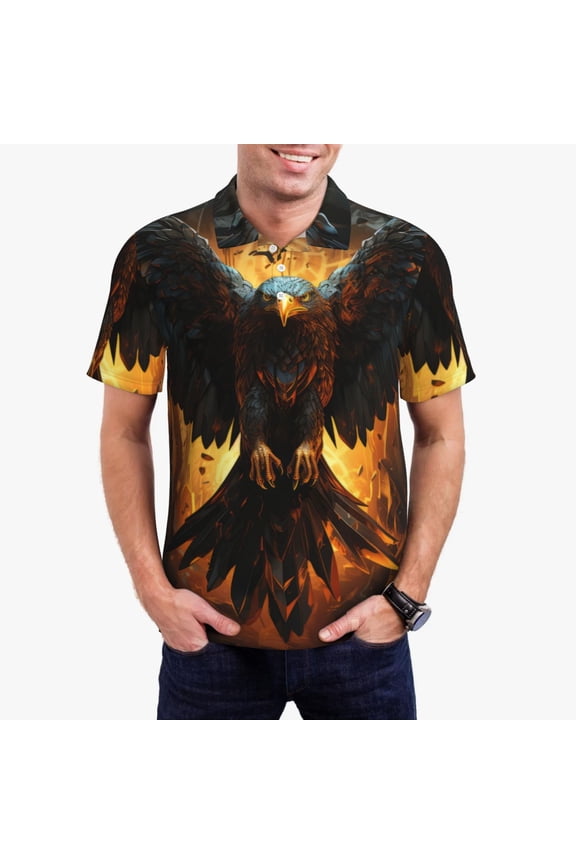 Cool Black Eagle Print Men's Polo Shirt, Two-Button Closure Pique Polo Shirt, Summer Fashion Golf Shirt-Large