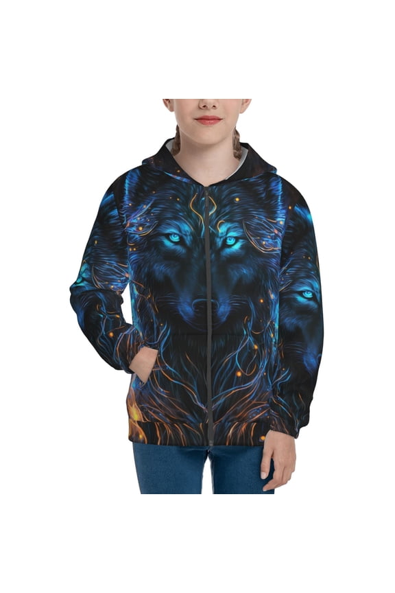 Cool Blue Light Wolf for Boys Fashion Full-zip Hoodies & Sweatshirts with Kangaroo Pocket,Zip-up Hooded Sweatshirt for Kid, Moisture Wicking & Breathable-Medium