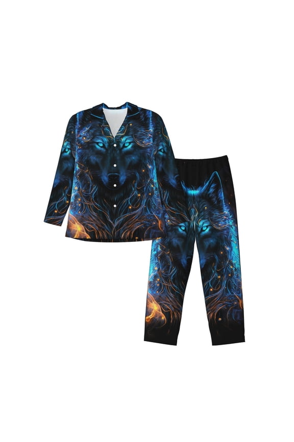 Cool Blue Light Wolf Pattern Men’s Long-Sleeve Sleepwear Set - Soft 2-Piece Loungewear with Pockets, Comfy PJs for Relaxing Nights-Medium