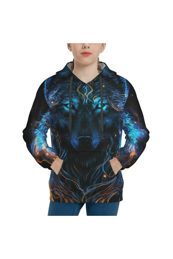 Cool Blue Light Wolf Pattern Youth Hoodie - Warm Pullover Sweatshirt with Kangaroo Pocket, Ideal for Boys and Girls-Small
