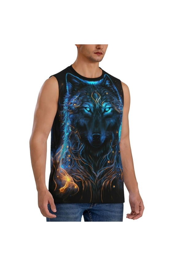 Cool Blue Light Wolf mens Cotton Tank Undershirts , Moisture-wicking Ribbed Tanks, Lightweight Cotton Tank Undershirts-Medium