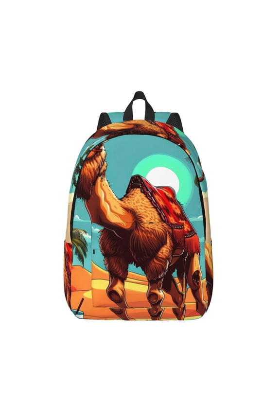 Cool Camel Oasis Vibes Printed Canvas Daypack - Stylish and Durable Vintage Compact Backpack - Class, Work, Travel, or Laptop Bookbag,Organized Compartments-Medium
