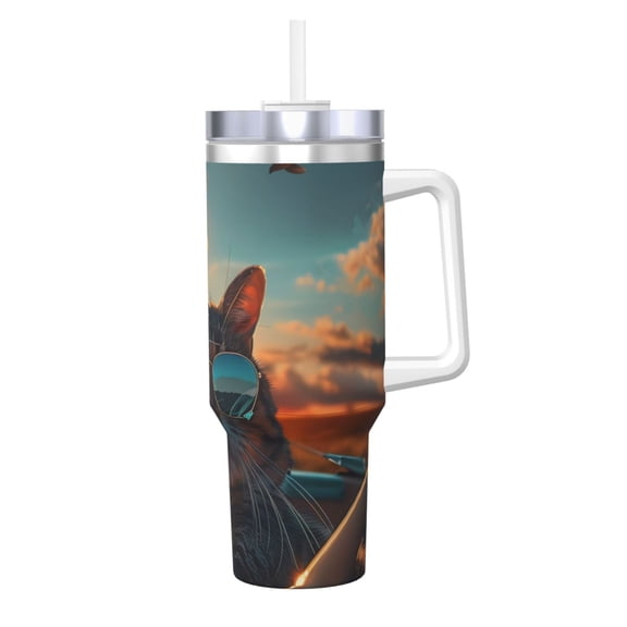 Picia Cool Cat Driving Sunset Pattern 40oz Ice Bully Insulated Tumbler with Handle, Double-Wall Stainless Steel Cup, Leak-Proof Lid and Straw