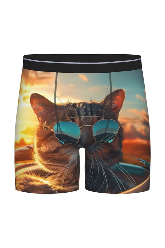 Cool Cat Driving Sunset Pattern Men's Athletic Long Leg Briefs , Performance Stretch Underwear，Moisture-Wicking