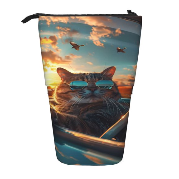 Picia Cool Cat Driving Sunset Print Telescopic Pencil Case, Telescopic Pen Holder Telescopic Pencil Pouch Bag Stationery Pencil Case Box Storage Organizer Makeup Bag