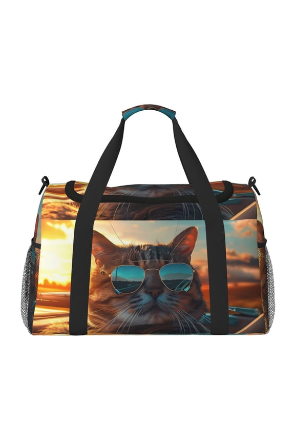 Cool Cat Driving Sunset Print Travel Duffle Bag,Weekender Bags for Women with Shoe Compartment, Gym Duffel Bag with Wet Pocket, Hospital Bags for Labor and Delivery
