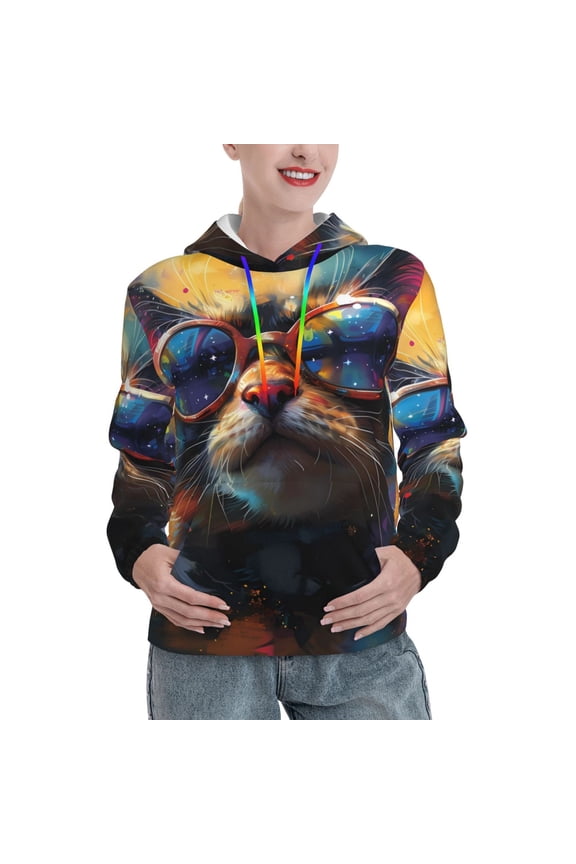 Cool Cat With Sunglasses Pattern Casual Women's Hoodie, Hooded Sweatshirt with Kangaroo Pocket, Comfortable Pullover with Eye-catching Drawstrings-XX-Large