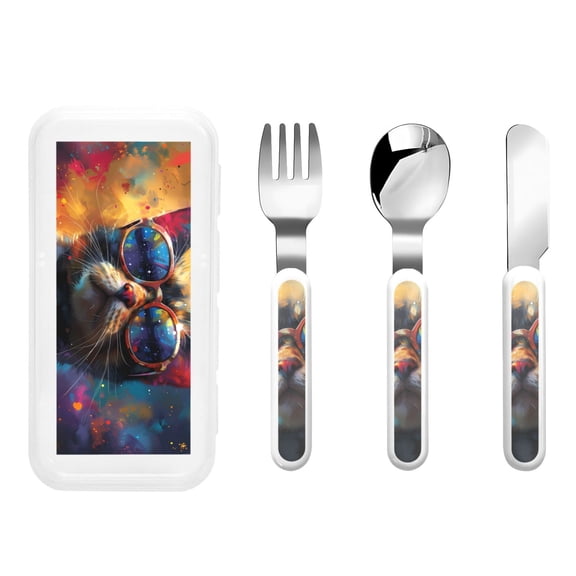 Picia Cool Cat With Sunglasses Print Children's Knife, Fork And Spoon Set - Kids Knife Fork Spoon - Stainless Steel Kids Silverware Set - Metal Kids Cutlery Set