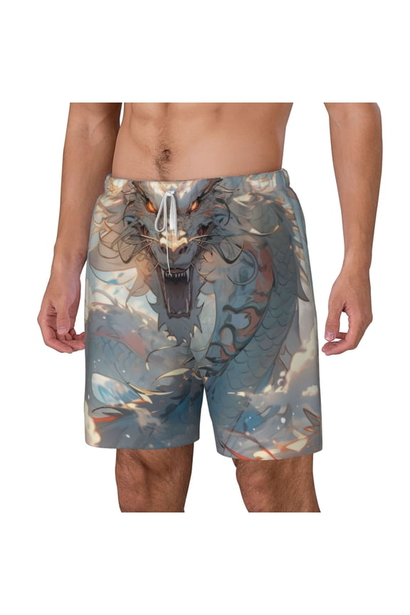 Cool Cloud White Dragon pattern Mens Swim Trunks with Compression Liner Stretch Beach Shorts Quick Dry with Zipper Pockets No-Chafing Board Shorts-Small