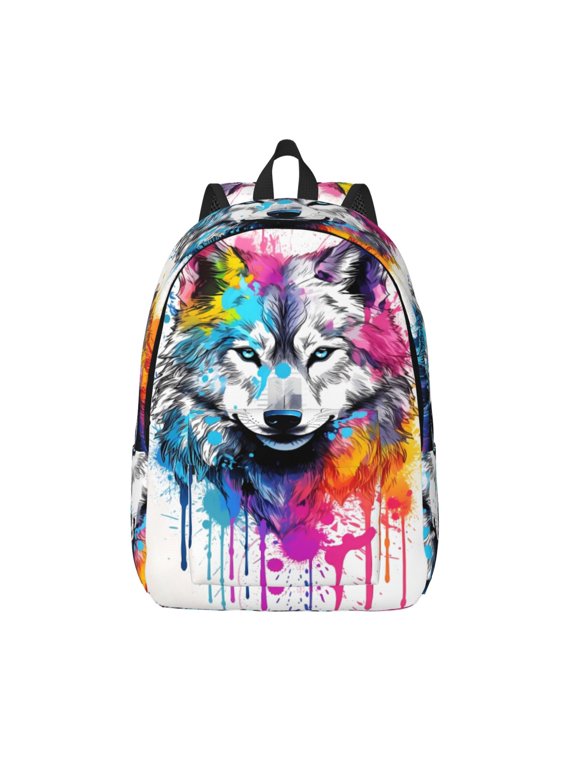 Cool Colorful Wolf Printed Canvas Daypack - Stylish and Durable Vintage Compact Backpack - Class, Work, Travel, or Laptop Bookbag,Organized Compartments-Medium